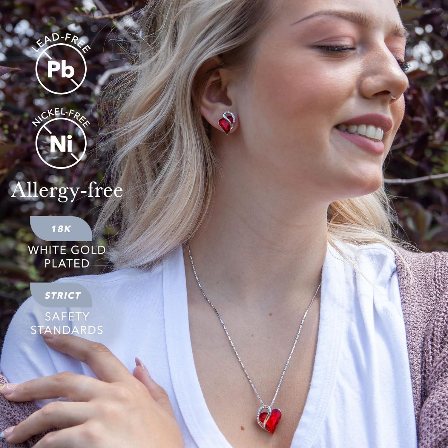 imageLeafael Infinity Love Heart Necklace and Stud Earrings for Women July Birthstone Crystal Jewelry Silver Tone Bundle Gifts for Women Siam Ruby Red