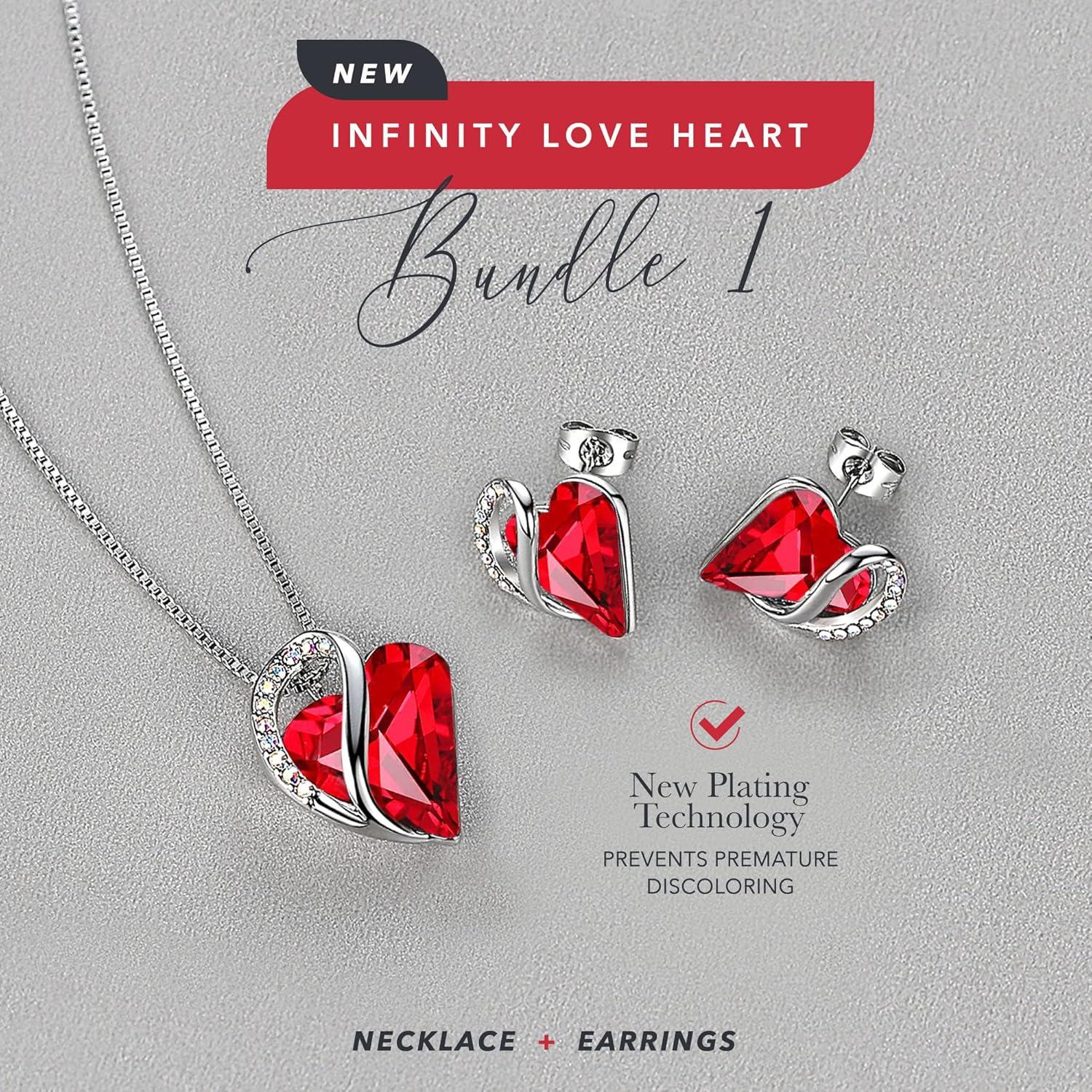 imageLeafael Infinity Love Heart Necklace and Stud Earrings for Women July Birthstone Crystal Jewelry Silver Tone Bundle Gifts for Women Siam Ruby Red