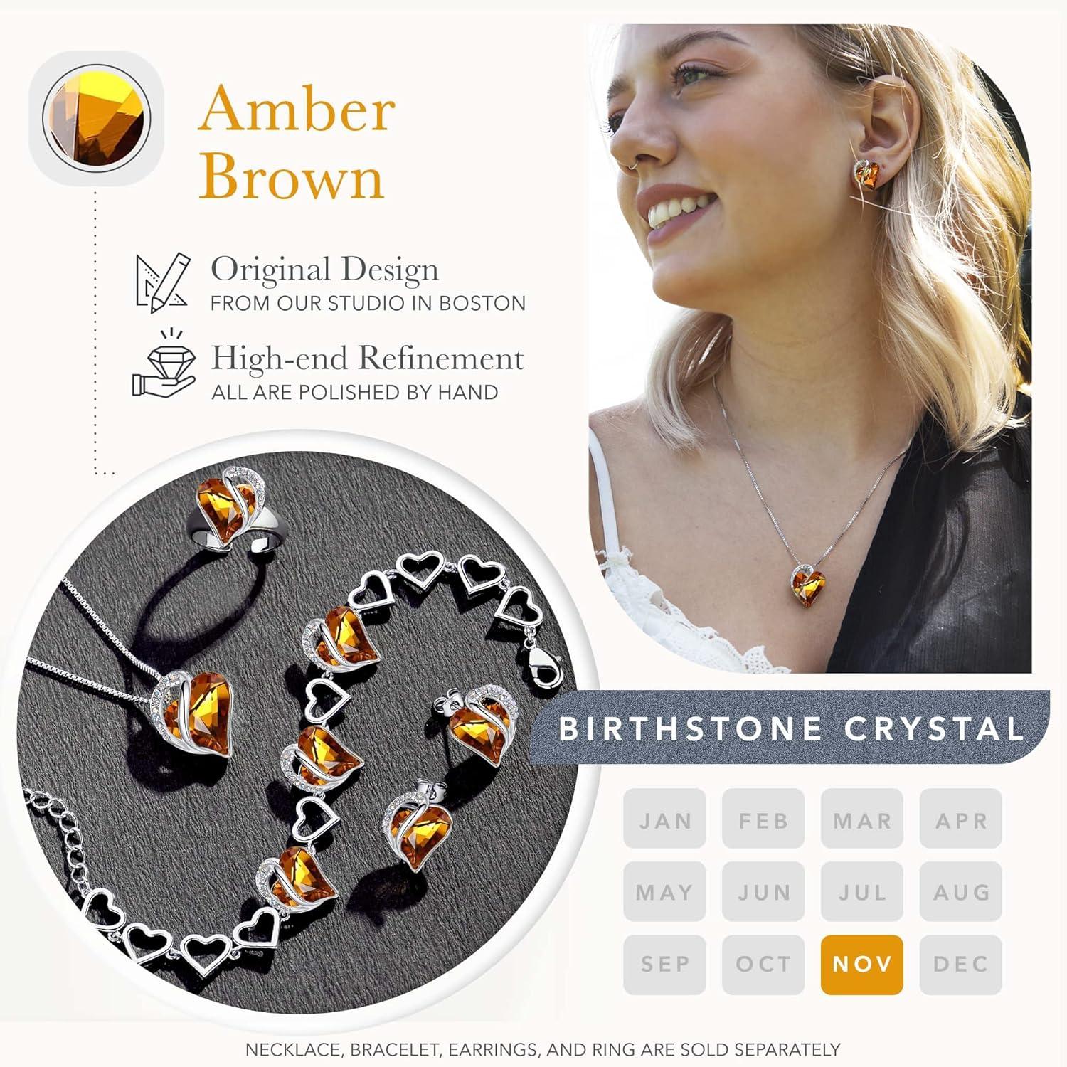 imageLeafael Infinity Love Heart Necklace and Stud Earrings for Women November Birthstone Crystal Jewelry Silver Tone Bundle Gifts for Women Amber Brown