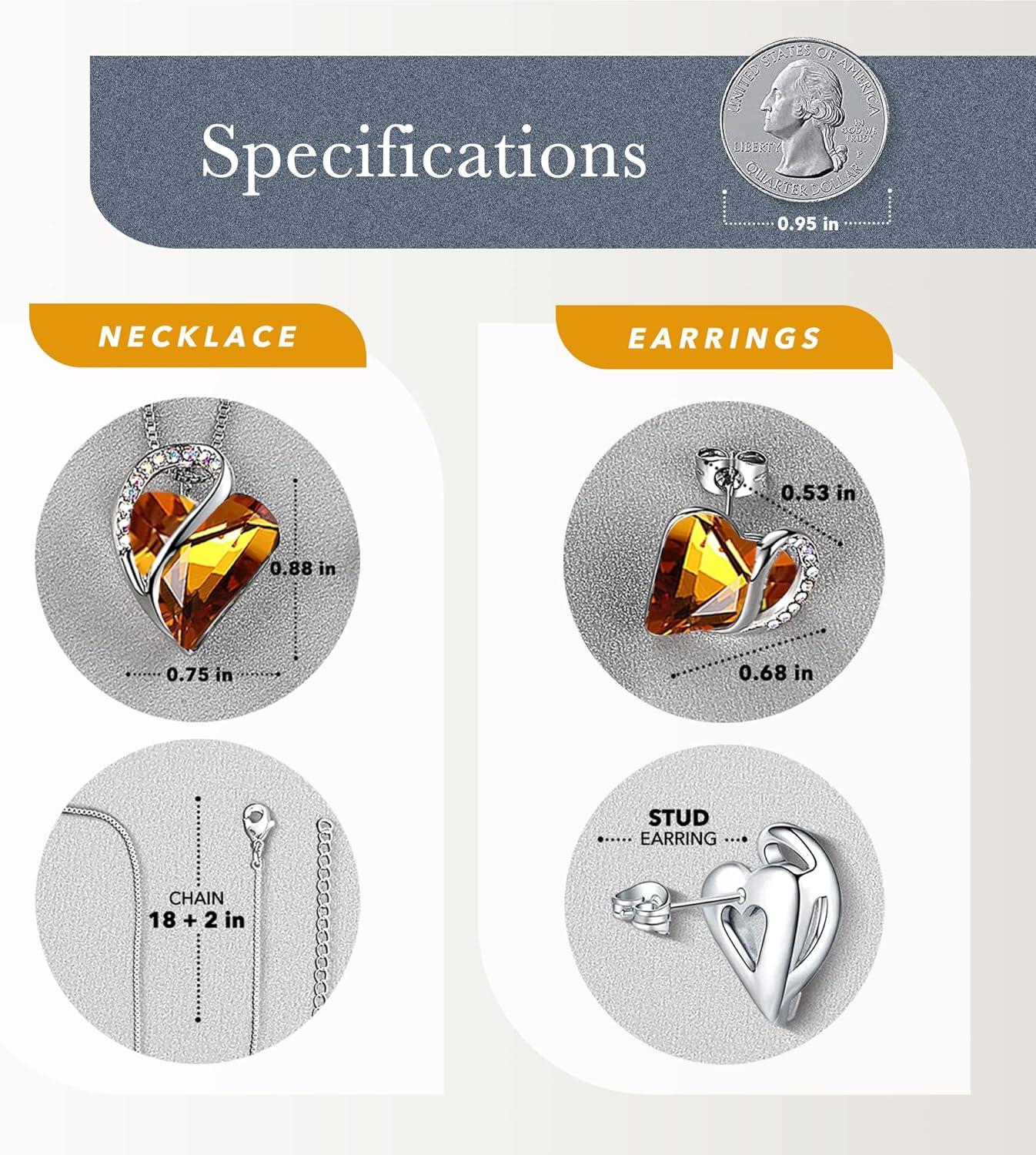 imageLeafael Infinity Love Heart Necklace and Stud Earrings for Women November Birthstone Crystal Jewelry Silver Tone Bundle Gifts for Women Amber Brown