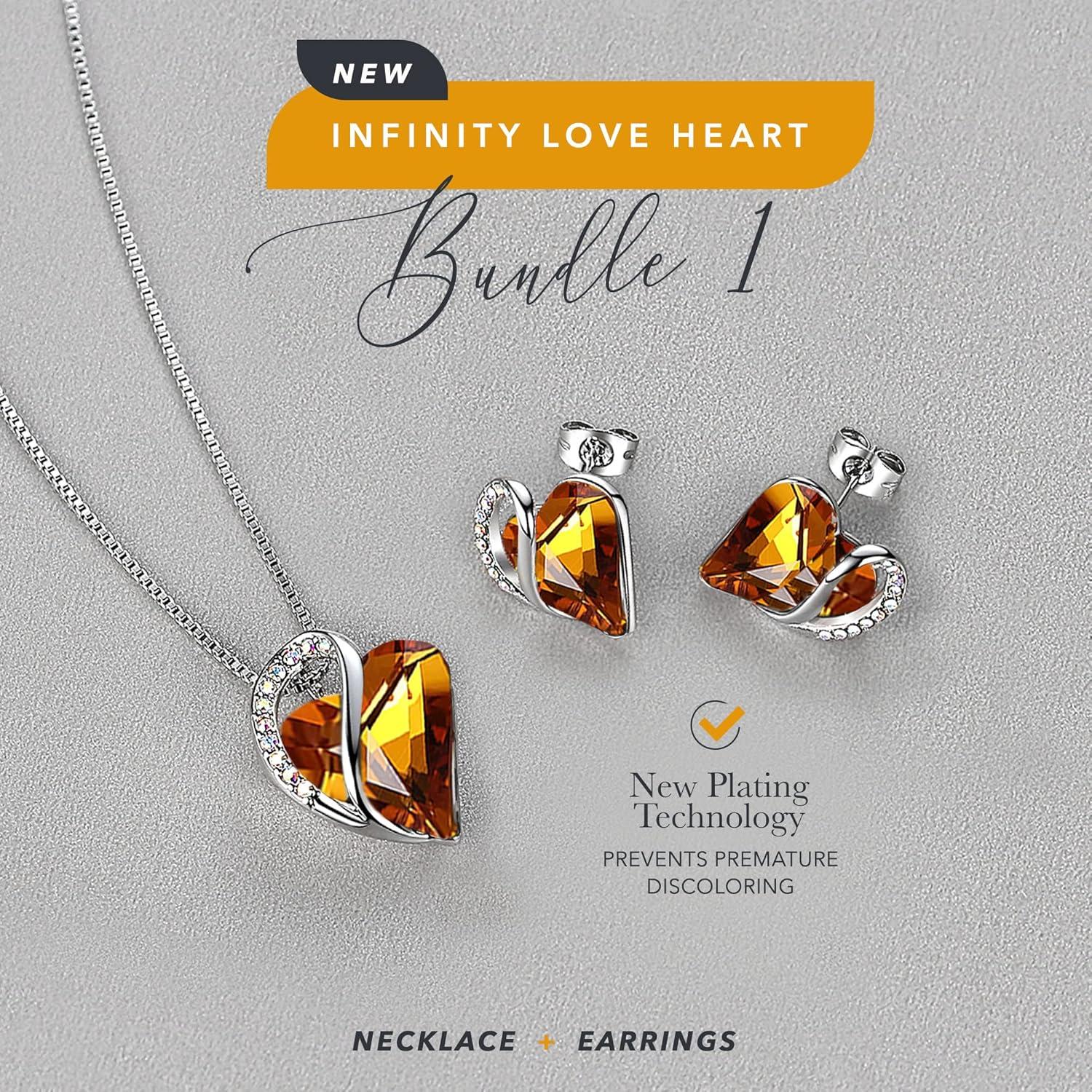 imageLeafael Infinity Love Heart Necklace and Stud Earrings for Women November Birthstone Crystal Jewelry Silver Tone Bundle Gifts for Women Amber Brown