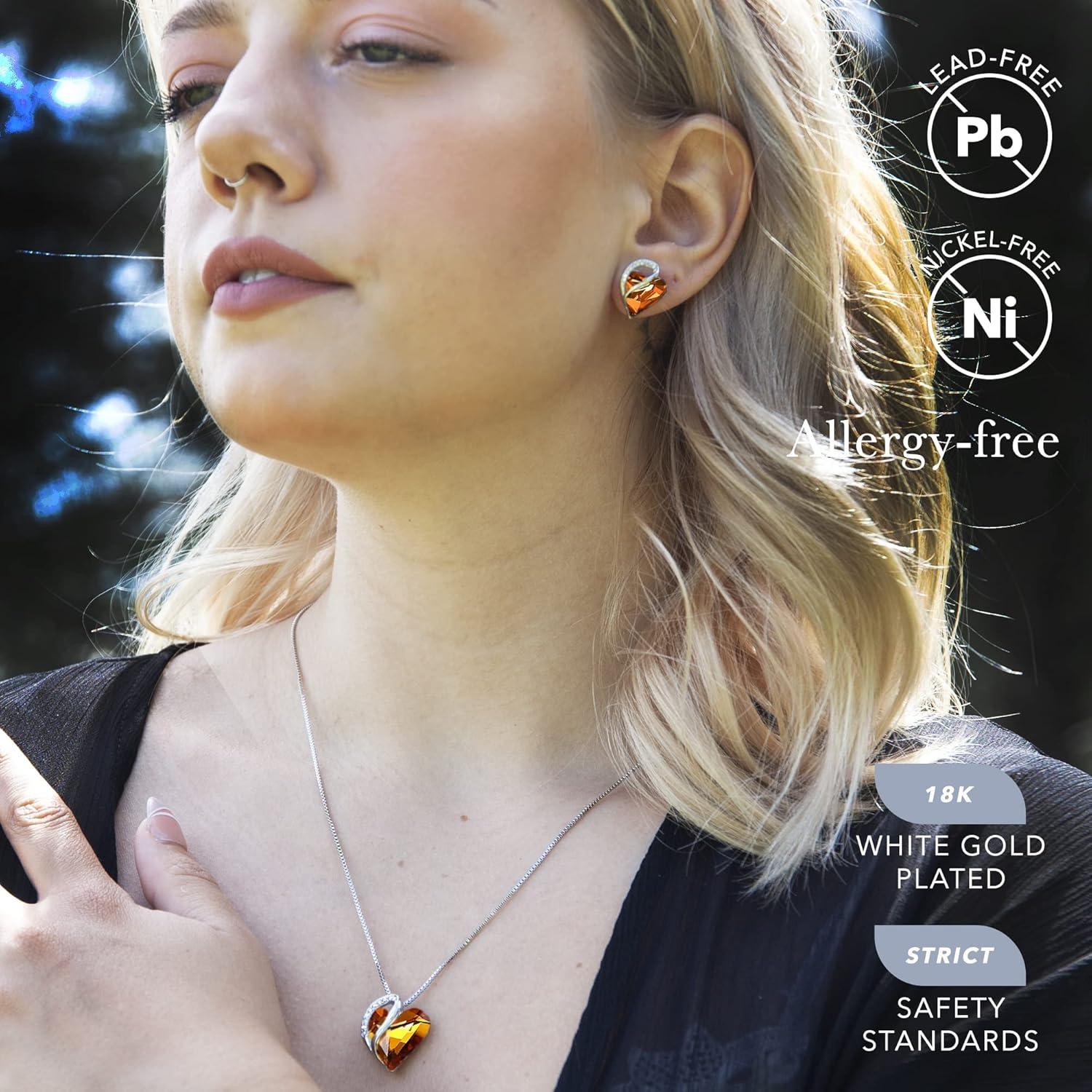 imageLeafael Infinity Love Heart Necklace and Stud Earrings for Women November Birthstone Crystal Jewelry Silver Tone Bundle Gifts for Women Amber Brown