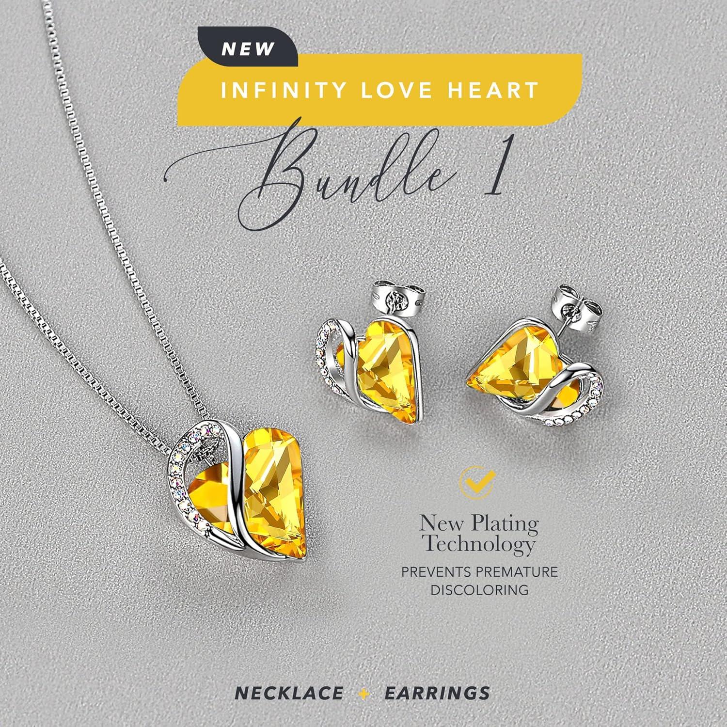 imageLeafael Infinity Love Heart Necklace and Stud Earrings for Women November Birthstone Crystal Jewelry Silver Tone Bundle Gifts for Women Citrine Yellow