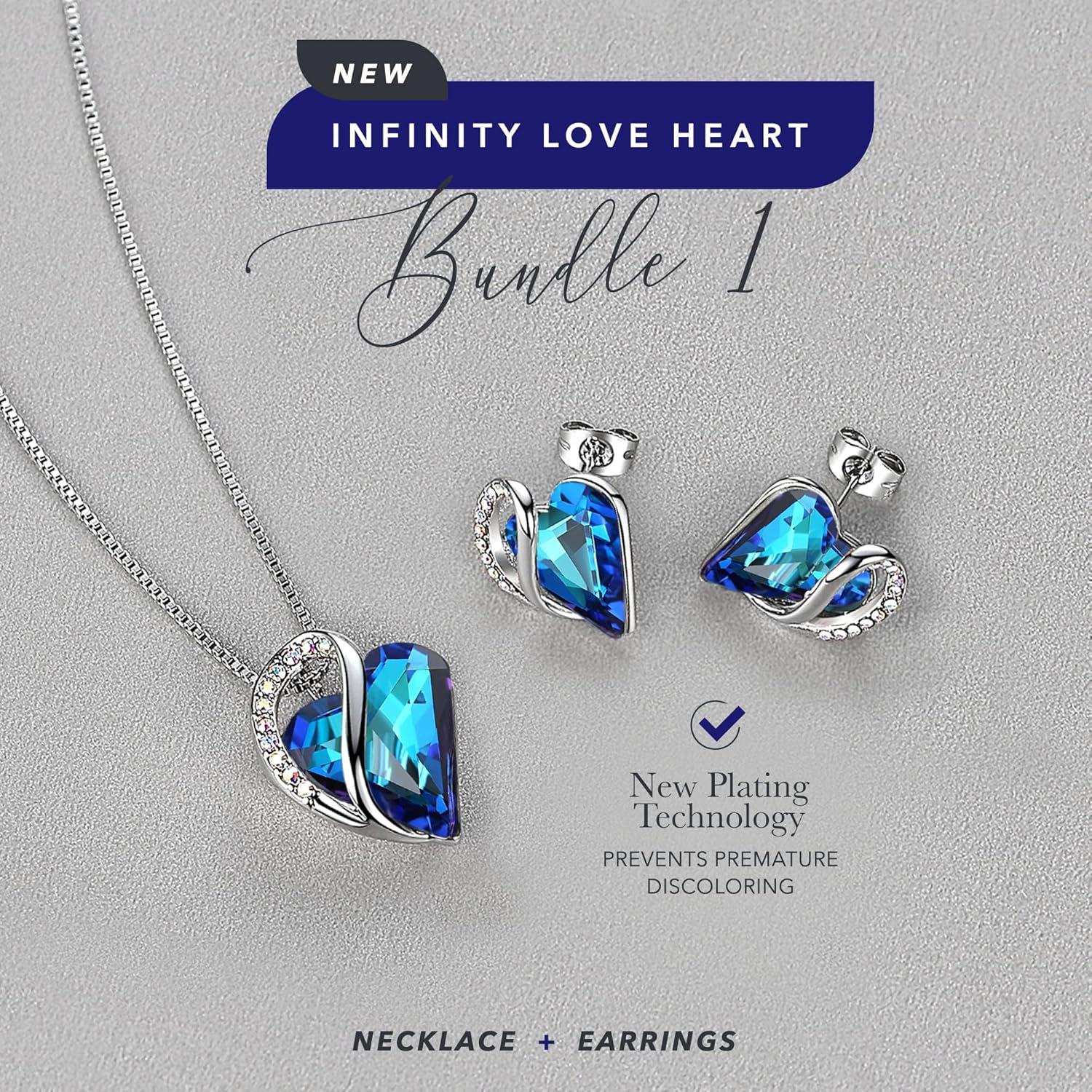 imageLeafael Infinity Love Heart Necklace and Stud Earrings for Women September Birthstone Crystal Jewelry Silver Tone Bundle Gifts for Women Rainbow Sapphire Blue