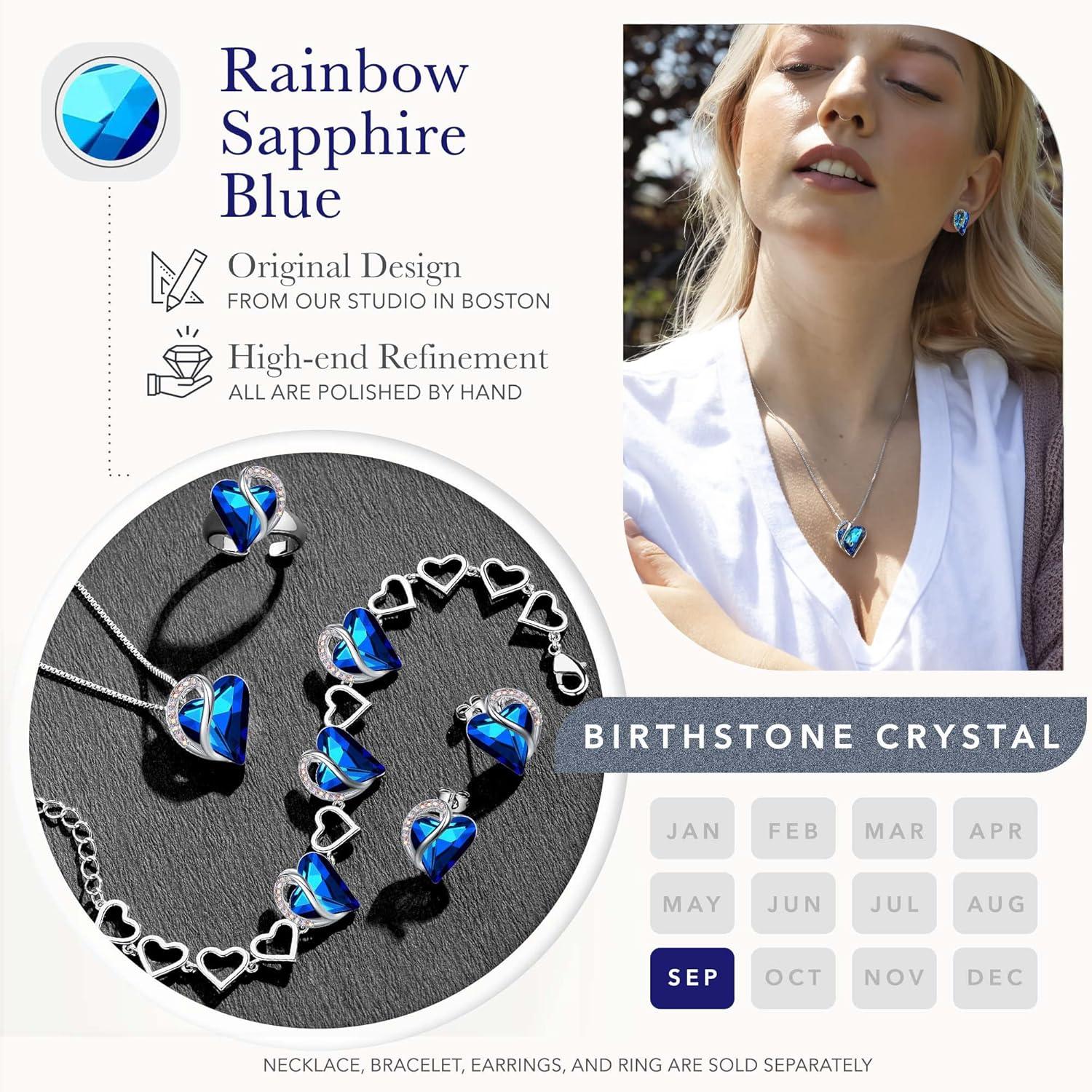 imageLeafael Infinity Love Heart Necklace and Stud Earrings for Women September Birthstone Crystal Jewelry Silver Tone Bundle Gifts for Women Rainbow Sapphire Blue