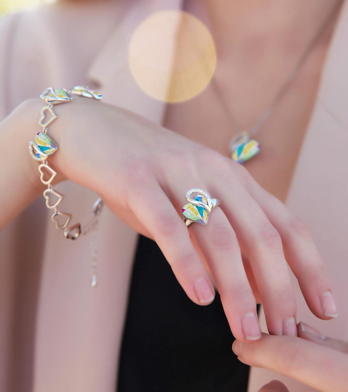 imageLeafael Infinity Love Womens Adjustable Crystal Heart Ring with Birthstone Crystals Healing Stones Jewelry Gifts for Women Birthdays Valentines Day Mothers Day SilverTone Open End Size 65815AprilPurificationRainbow Opal White