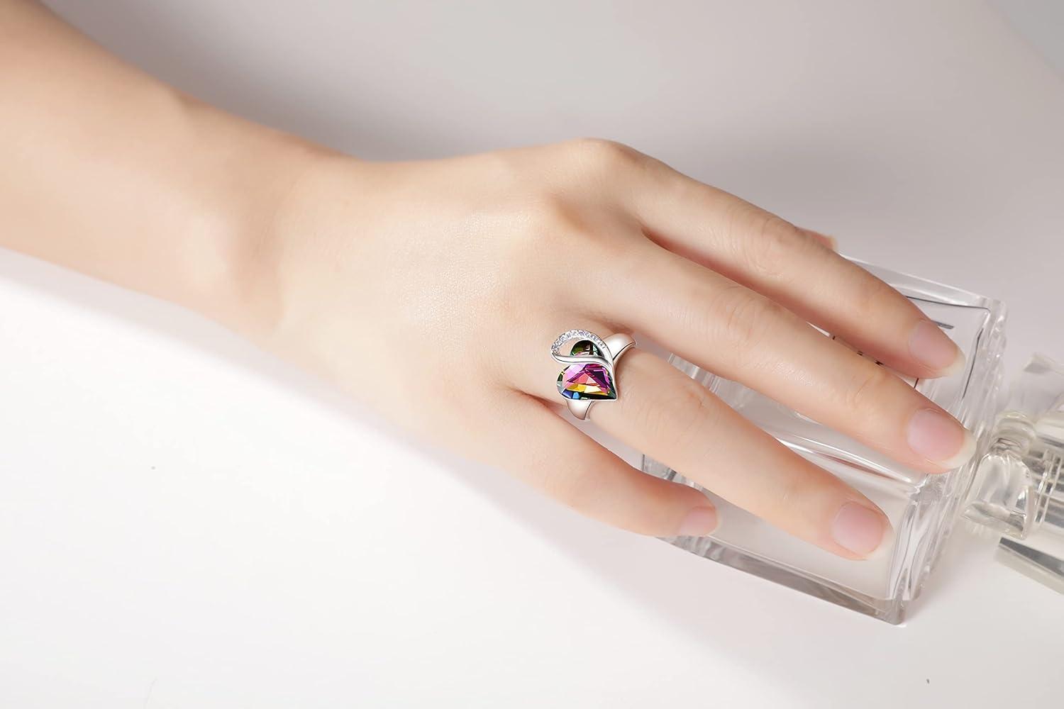 imageLeafael Infinity Love Womens Adjustable Crystal Heart Ring with Birthstone Crystals Healing Stones Jewelry Gifts for Women Birthdays Valentines Day Mothers Day SilverTone Open End Size 65817cProtectionRainbow Black