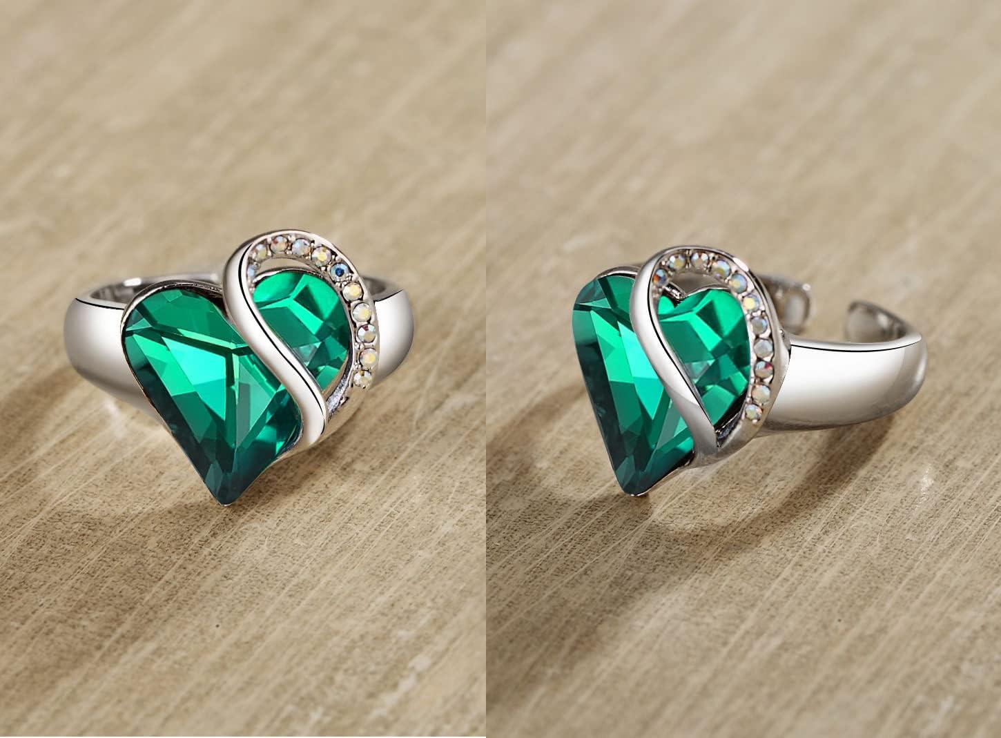 imageLeafael Infinity Love Womens Adjustable Crystal Heart Ring with Birthstone Crystals Healing Stones Jewelry Gifts for Women Birthdays Valentines Day Mothers Day SilverTone Open End Size 65811MayRomanceEmerald Green