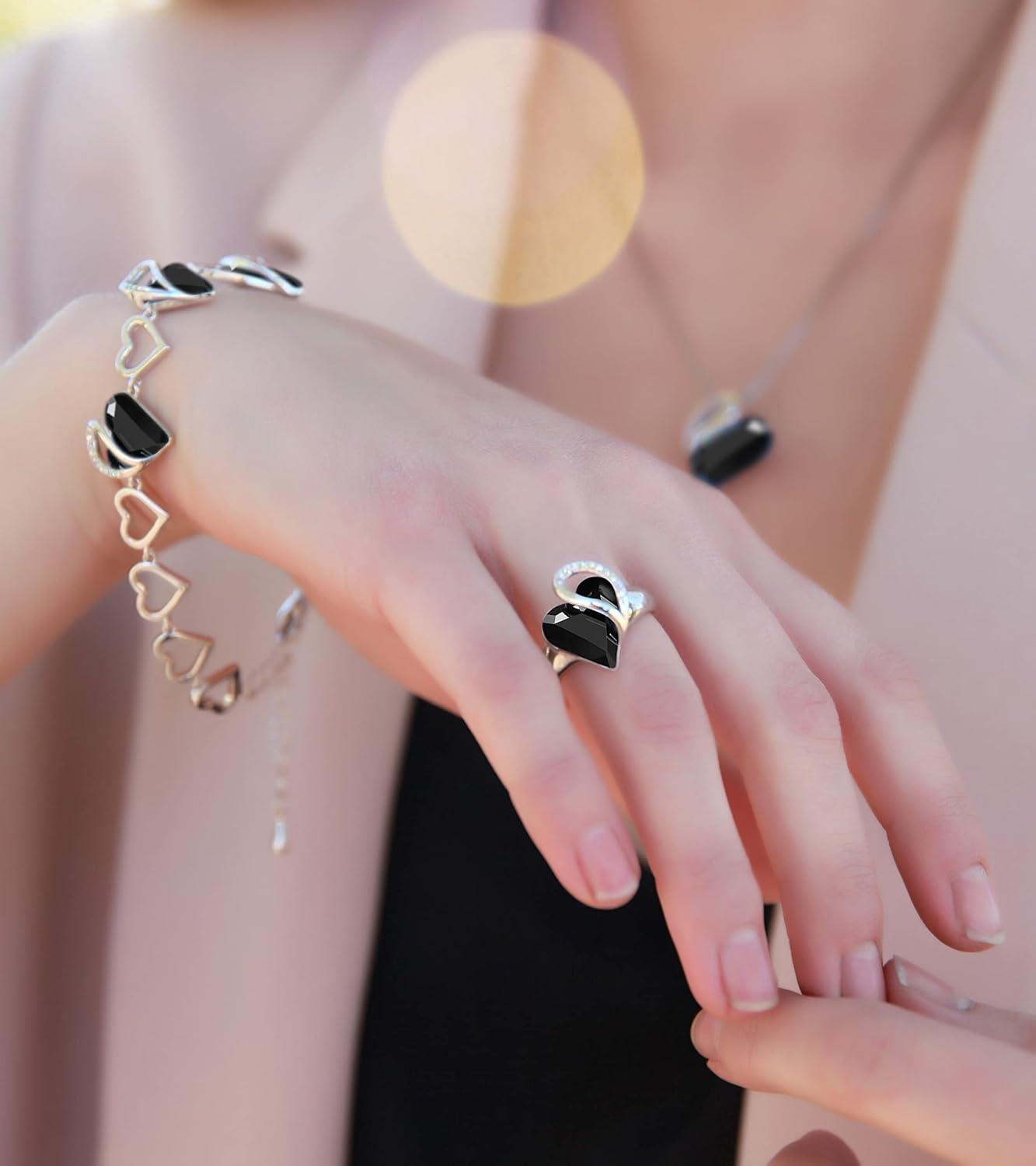 imageLeafael Infinity Love Womens Adjustable Crystal Heart Ring with Birthstone Crystals Healing Stones Jewelry Gifts for Women Birthdays Valentines Day Mothers Day SilverTone Open End Size 65817aProtectionJet Black