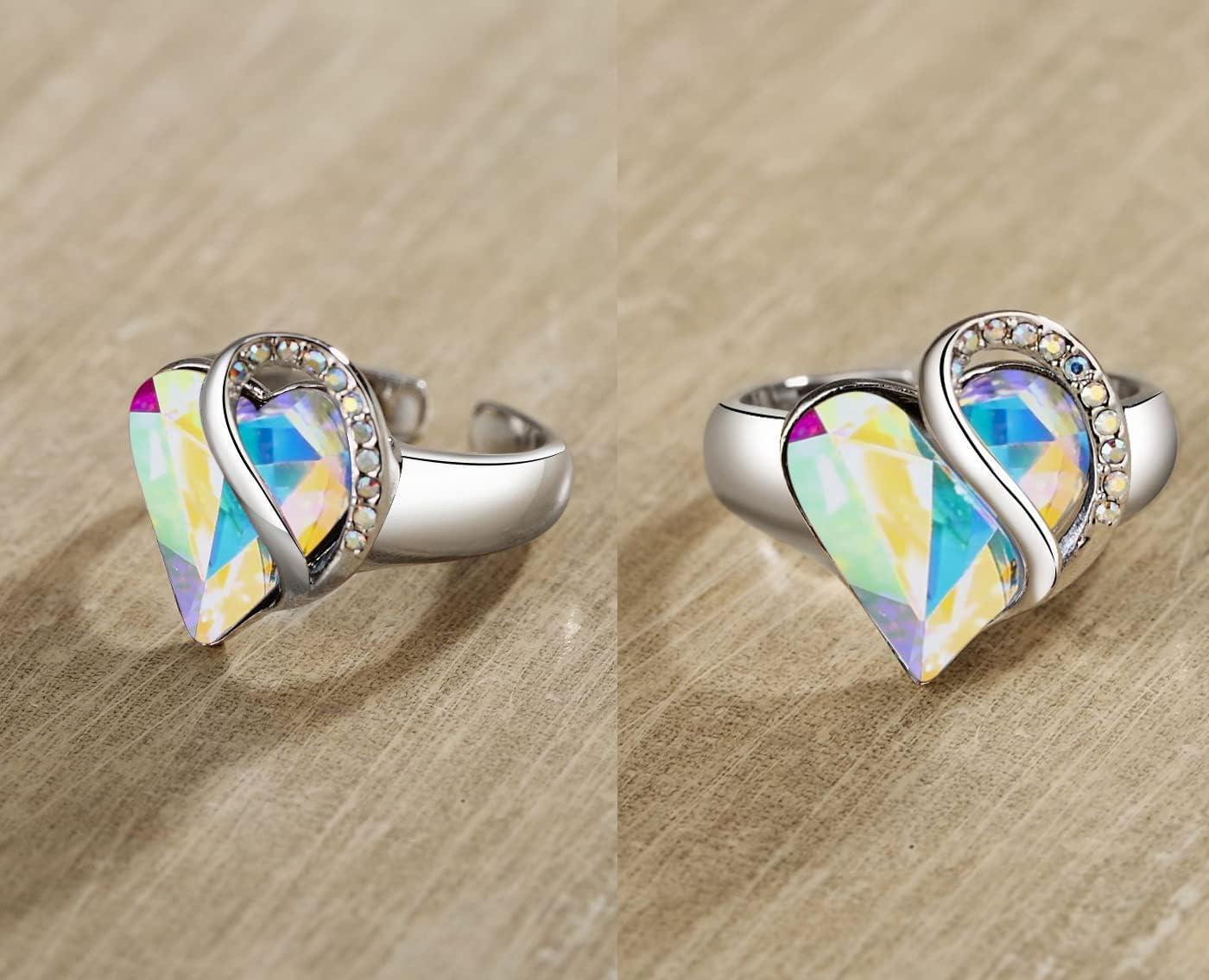 imageLeafael Infinity Love Womens Adjustable Crystal Heart Ring with Birthstone Crystals Healing Stones Jewelry Gifts for Women Birthdays Valentines Day Mothers Day SilverTone Open End Size 65815AprilPurificationRainbow Opal White