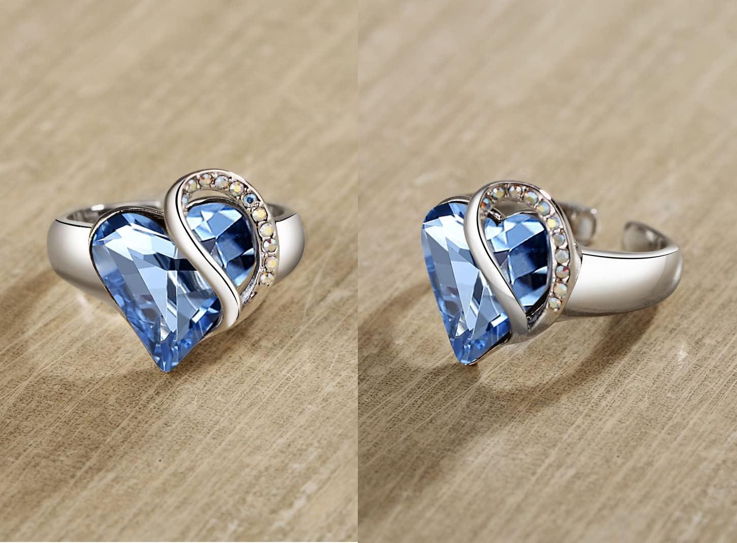 imageLeafael Infinity Love Womens Adjustable Crystal Heart Ring with Birthstone Crystals Healing Stones Jewelry Gifts for Women Birthdays Valentines Day Mothers Day SilverTone Open End Size 65806March DecemberHonestyDenim Blue