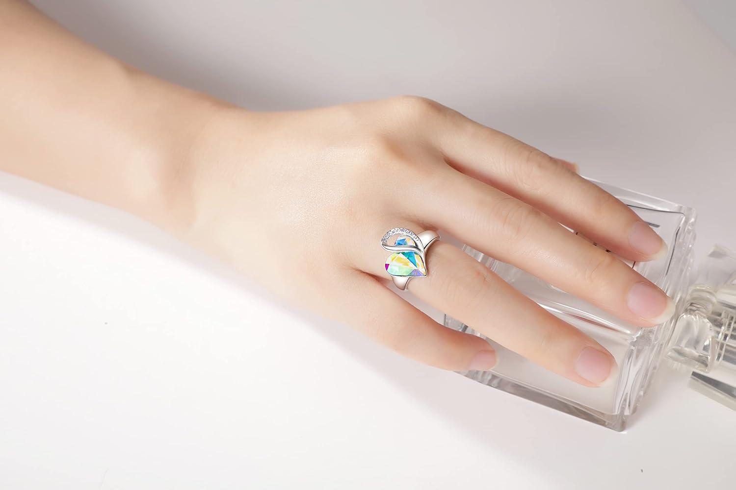 imageLeafael Infinity Love Womens Adjustable Crystal Heart Ring with Birthstone Crystals Healing Stones Jewelry Gifts for Women Birthdays Valentines Day Mothers Day SilverTone Open End Size 65815AprilPurificationRainbow Opal White