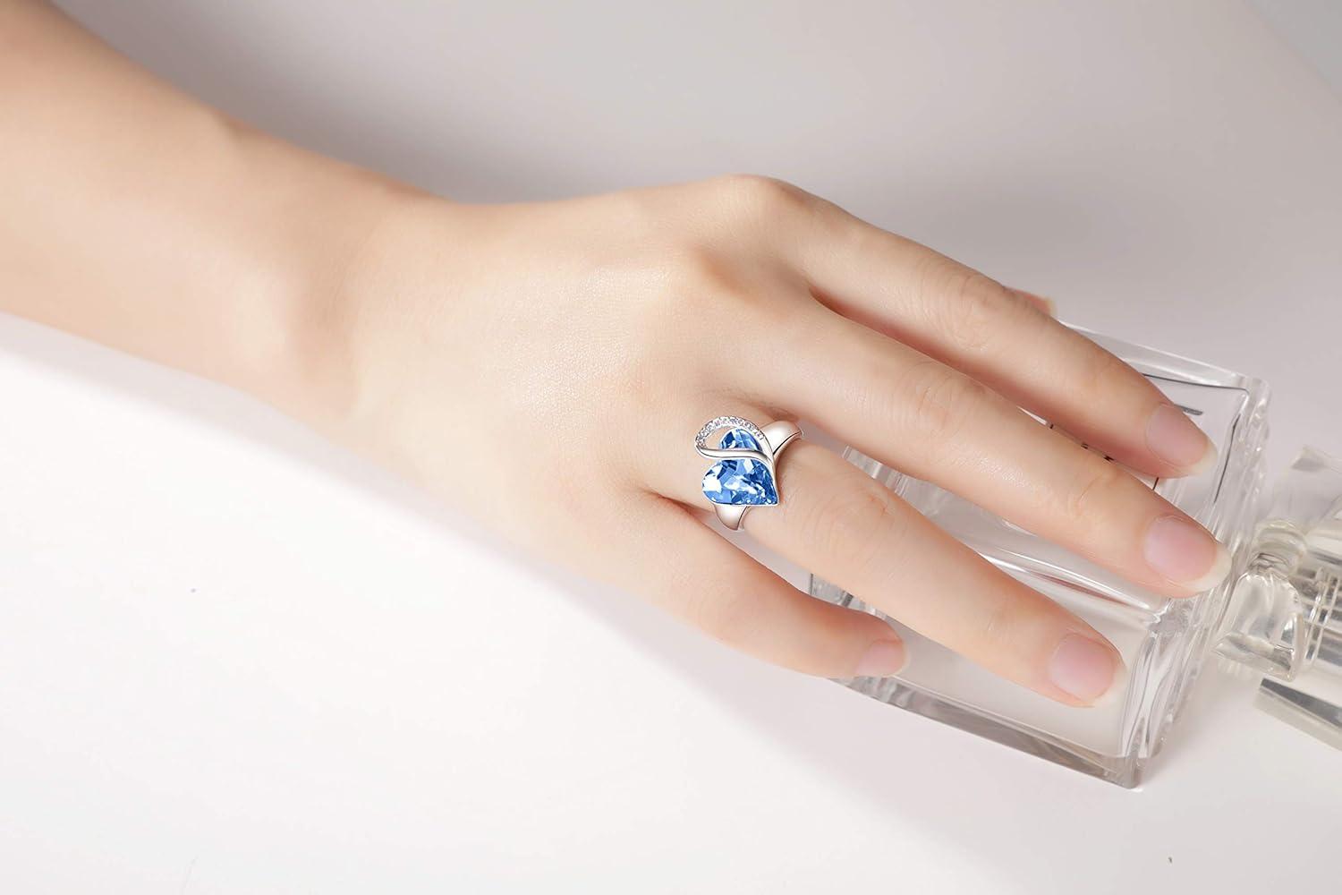 imageLeafael Infinity Love Womens Adjustable Crystal Heart Ring with Birthstone Crystals Healing Stones Jewelry Gifts for Women Birthdays Valentines Day Mothers Day SilverTone Open End Size 65806March DecemberHonestyDenim Blue