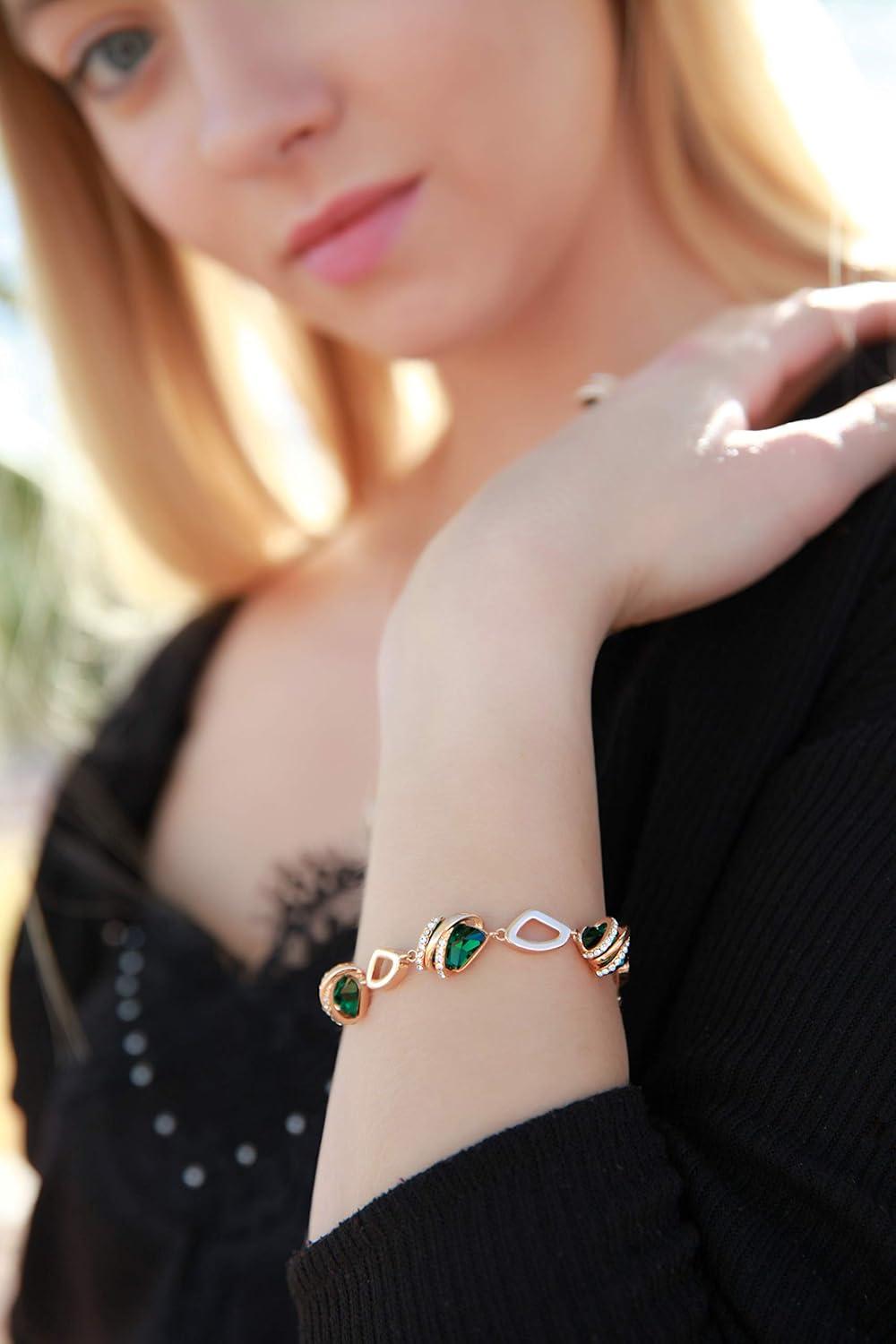 imageLeafael Wish Stone Link Charm Bracelet with Birthstone Crystals Rose Gold Plated or Silvertone 7205May Birthstone CrystalEmerald Green