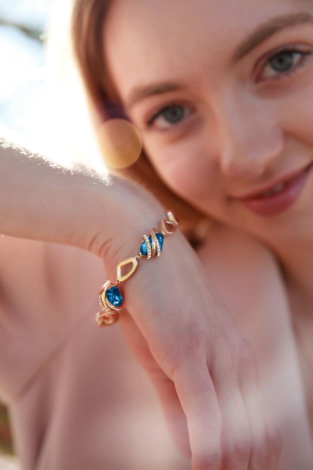 imageLeafael Wish Stone Link Charm Bracelet with Birthstone Crystals Rose Gold Plated or Silvertone 7212December Birthstone Zircon Blue