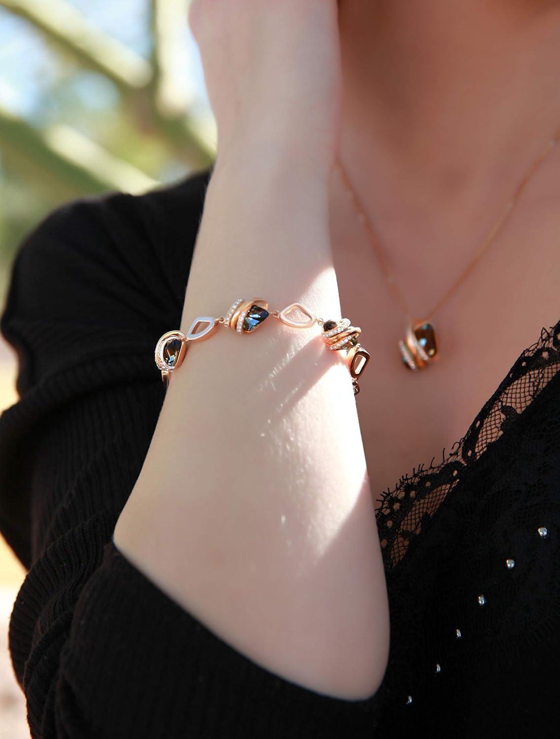 imageLeafael Wish Stone Link Charm Bracelet with Birthstone Crystals Rose Gold Plated or Silvertone 7212Silver Black Crystal