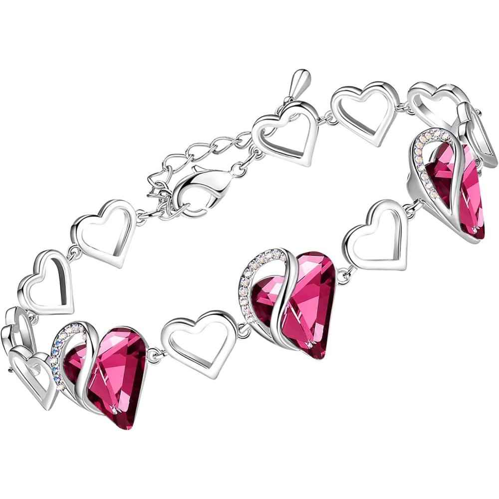 imageLeafael Infinity Love Heart Link Bracelets Birthstone or Healing Stone Crystal Bracelet for Women Silver Tone Jewelry Gifts for Her 7inch Chain and 2inch Extender10aOctoberTourmaline Hot Pink