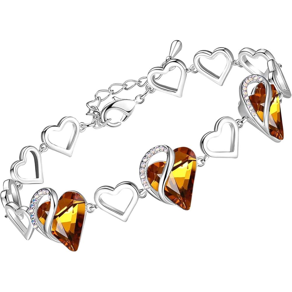 imageLeafael Infinity Love Heart Link Bracelets Birthstone or Healing Stone Crystal Bracelet for Women Silver Tone Jewelry Gifts for Her 7inch Chain and 2inch Extender11aNovemberAmber Brown