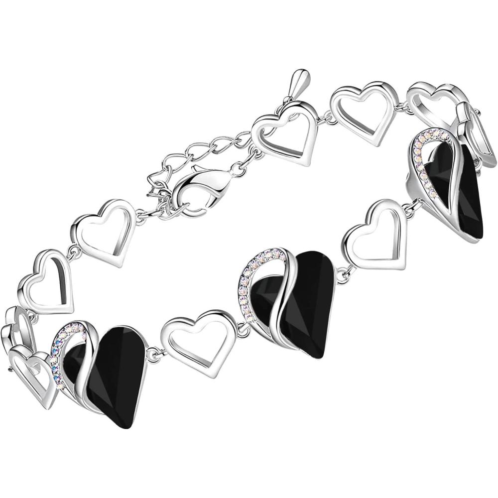 imageLeafael Infinity Love Heart Link Bracelets Birthstone or Healing Stone Crystal Bracelet for Women Silver Tone Jewelry Gifts for Her 7inch Chain and 2inch Extender14cHealing Stone for ProtectionJet Black
