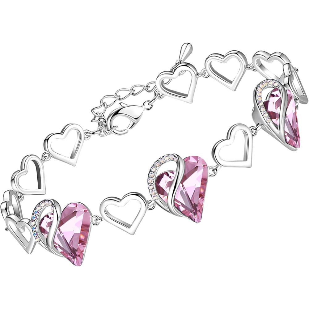 imageLeafael Infinity Love Heart Link Bracelets Birthstone or Healing Stone Crystal Bracelet for Women Silver Tone Jewelry Gifts for Her 7inch Chain and 2inch Extender10bOctoberHealing Stone for LoveRose Quartz Pink