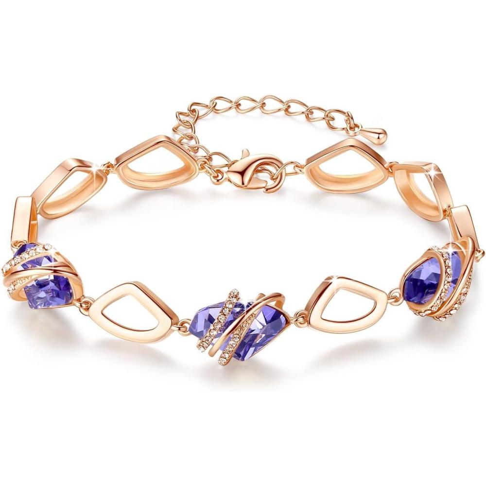 imageLeafael Wish Stone Link Charm Bracelet with Birthstone Crystals Rose Gold Plated or Silvertone 7202February Birthstone CrystalTanzanite Purple