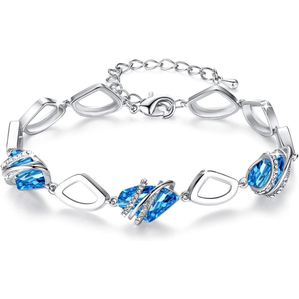 imageLeafael Wish Stone Link Charm Bracelet with Birthstone Crystals Rose Gold Plated or Silvertone 7203March December Birthstone CrystalAquamarine Blue