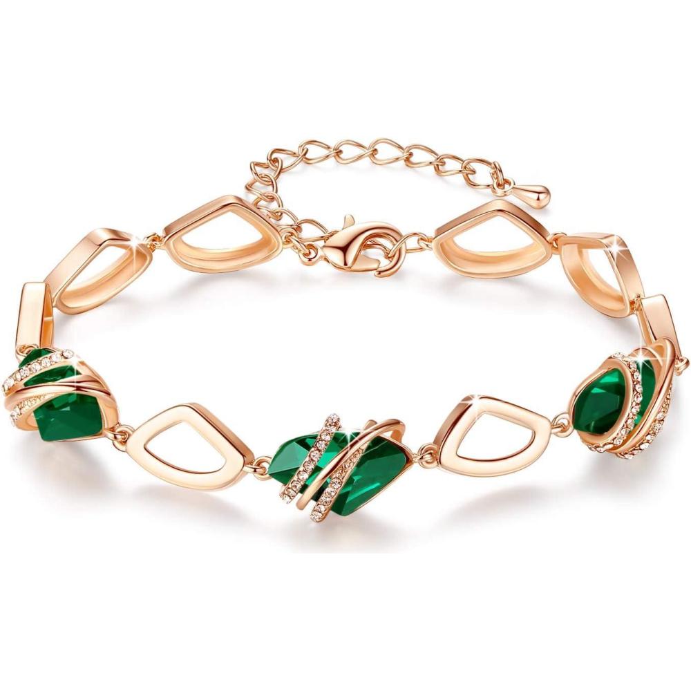 imageLeafael Wish Stone Link Charm Bracelet with Birthstone Crystals Rose Gold Plated or Silvertone 7205May Birthstone CrystalEmerald Green