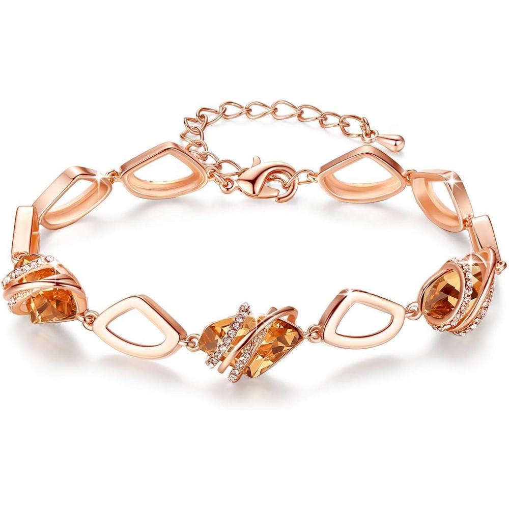 imageLeafael Wish Stone Link Charm Bracelet with Birthstone Crystals Rose Gold Plated or Silvertone 7211November Birthstone CrystalTopaz Amber Brown