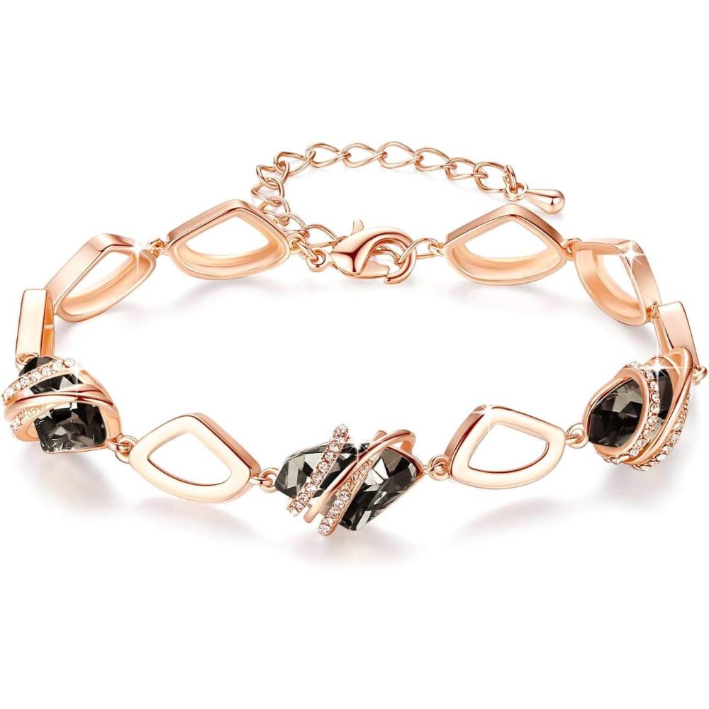 imageLeafael Wish Stone Link Charm Bracelet with Birthstone Crystals Rose Gold Plated or Silvertone 7212Silver Black Crystal