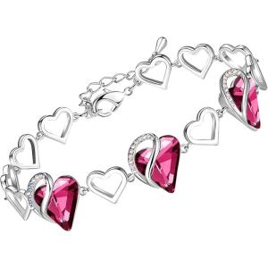 Leafael Infinity Love Heart Link Bracelets, Birthstone or Healing Stone Crystal Bracelet for Women, Silver Tone Jewelry Gifts for Her, 7-inch Chain and 2-inch Extender(10a-October-Tourmaline Hot Pink)