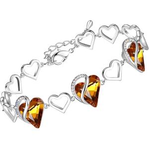Leafael Infinity Love Heart Link Bracelets, Birthstone or Healing Stone Crystal Bracelet for Women, Silver Tone Jewelry Gifts for Her, 7-inch Chain and 2-inch Extender(11a-November-Amber Brown)