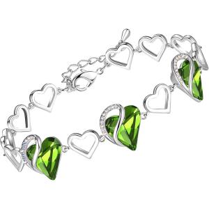 Leafael Infinity Love Heart Link Bracelets, Birthstone or Healing Stone Crystal Bracelet for Women, Silver Tone Jewelry Gifts for Her, 7-inch Chain and 2-inch Extender(08-August-Peridot Green)