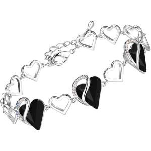 Leafael Infinity Love Heart Link Bracelets, Birthstone or Healing Stone Crystal Bracelet for Women, Silver Tone Jewelry Gifts for Her, 7-inch Chain and 2-inch Extender(14c-Healing Stone for Protection-Jet Black)