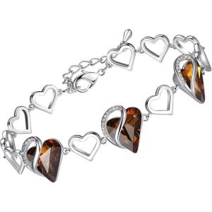 Leafael Infinity Love Heart Link Bracelets, Birthstone or Healing Stone Crystal Bracelet for Women, Silver Tone Jewelry Gifts for Her, 7-inch Chain and 2-inch Extender(11c-November-Healing Stone for Stress Relief-Dark Topaz Brown)