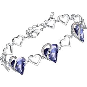 Leafael Infinity Love Heart Link Bracelets, Birthstone or Healing Stone Crystal Bracelet for Women, Silver Tone Jewelry Gifts for Her, 7-inch Chain and 2-inch Extender(02b-February-Tanzanite Purple)
