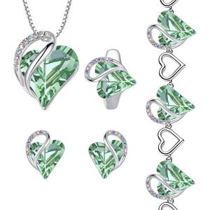 Leafael Infinity Love Heart Necklace, Stud Earrings, Bracelet, and Ring Set, August Birthstone Crystal Jewelry, Silver Tone Gifts for Women, Light Chrysolite Green