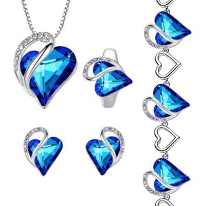 Leafael Infinity Love Heart Necklace, Stud Earrings, Bracelet, and Ring Set, September Birthstone Crystal Jewelry, Silver Tone Gifts for Women, Rainbow Sapphire Blue