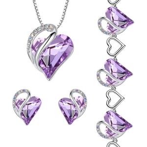 Leafael Infinity Love Heart Necklace, Stud Earrings, and Bracelet for Women, June Birthstone Crystal Jewelry, Silver Tone Gifts for Women, Alexandrite Light Purple