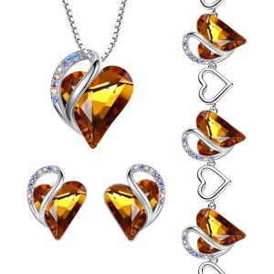 Leafael Infinity Love Heart Necklace, Stud Earrings, and Bracelet for Women, November Birthstone Crystal Jewelry, Silver Tone Gifts for Women, Amber Brown