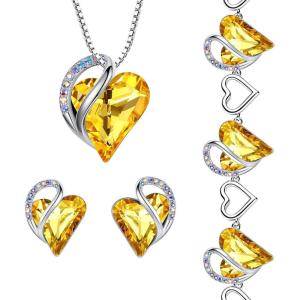 Leafael Infinity Love Heart Necklace, Stud Earrings, and Bracelet for Women, November Birthstone Crystal Jewelry, Silver Tone Gifts for Women, Citrine Yellow