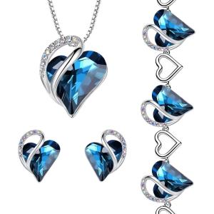 Leafael Infinity Love Heart Necklace, Stud Earrings, and Bracelet for Women, September Birthstone Crystal Jewelry, Silver Tone Gifts for Women, Bermuda Sapphire Blue