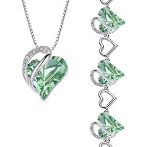 Leafael Infinity Love Heart Necklace and Bracelet for Women, August Birthstone Crystal Jewelry, Silver Tone Bundle Gifts for Women, Light Chrysolite Green