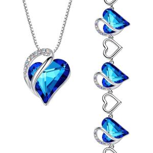 Leafael Infinity Love Heart Necklace and Bracelet for Women, September Birthstone Crystal Jewelry, Silver Tone Bundle Gifts for Women, Rainbow Sapphire Blue