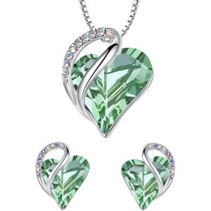 Leafael Infinity Love Heart Necklace and Stud Earrings for Women, August Birthstone Crystal Jewelry, Silver Tone Bundle Gifts for Women, Light Chrysolite Green