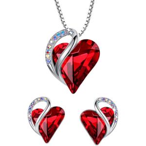 Leafael Infinity Love Heart Necklace and Stud Earrings for Women, July Birthstone Crystal Jewelry, Silver Tone Bundle Gifts for Women, Siam Ruby Red