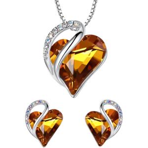 Leafael Infinity Love Heart Necklace and Stud Earrings for Women, November Birthstone Crystal Jewelry, Silver Tone Bundle Gifts for Women, Amber Brown