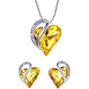 Leafael Infinity Love Heart Necklace and Stud Earrings for Women, November Birthstone Crystal Jewelry, Silver Tone Bundle Gifts for Women, Citrine Yellow
