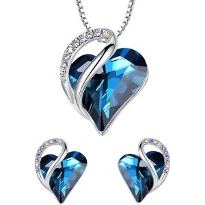 Leafael Infinity Love Heart Necklace and Stud Earrings for Women, September Birthstone Crystal Jewelry, Silver Tone Bundle Gifts for Women, Bermuda Sapphire Blue