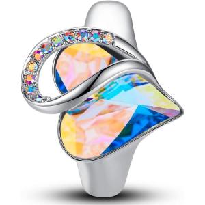 Leafael Infinity Love Women’s Adjustable Crystal Heart Ring with Birthstone Crystals Healing Stones, Jewelry Gifts for Women, Birthdays Valentine’s Day Mother’s Day, Silver-Tone, Open End, Size 6.5-8(15-April-Purification-Rainbow Opal White)