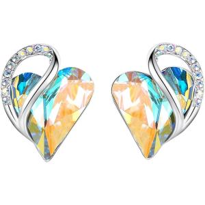 Leafael Infinity love Heart Birthstone Stud Earrings for Women, Valentine’s Day Gifts for Mom, Wife, and Her, Silver Plated Birthday Jewelry(04-April-Rainbow Opal White)